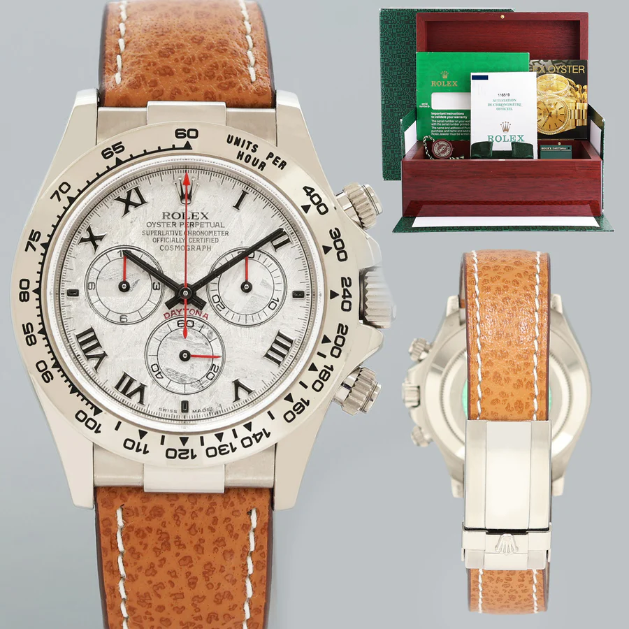 Collage_881e3d8d-d356-486a-bc2d-87cc77e4a435 MINT PAPERS Rolex Daytona 18k White Gold 116519 Meteorite Roman Leather Watch Box - Image 1