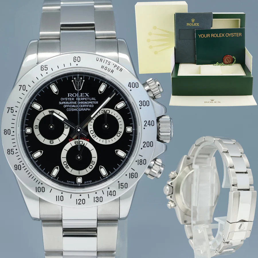IMG_8811a_dde80e22-eea1-46fb-9e0d-d81434f26099 MINT 2009 Rolex Daytona 116520 Black Dial Steel Chronograph 40mm Watch Box - Image 1